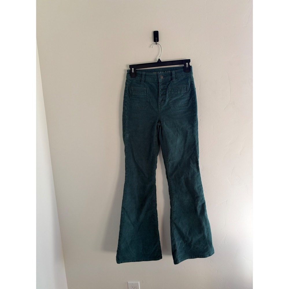 American Eagle Super Hi-Rise Flare Corduroy Pants Teal Green Button Fly Size 00